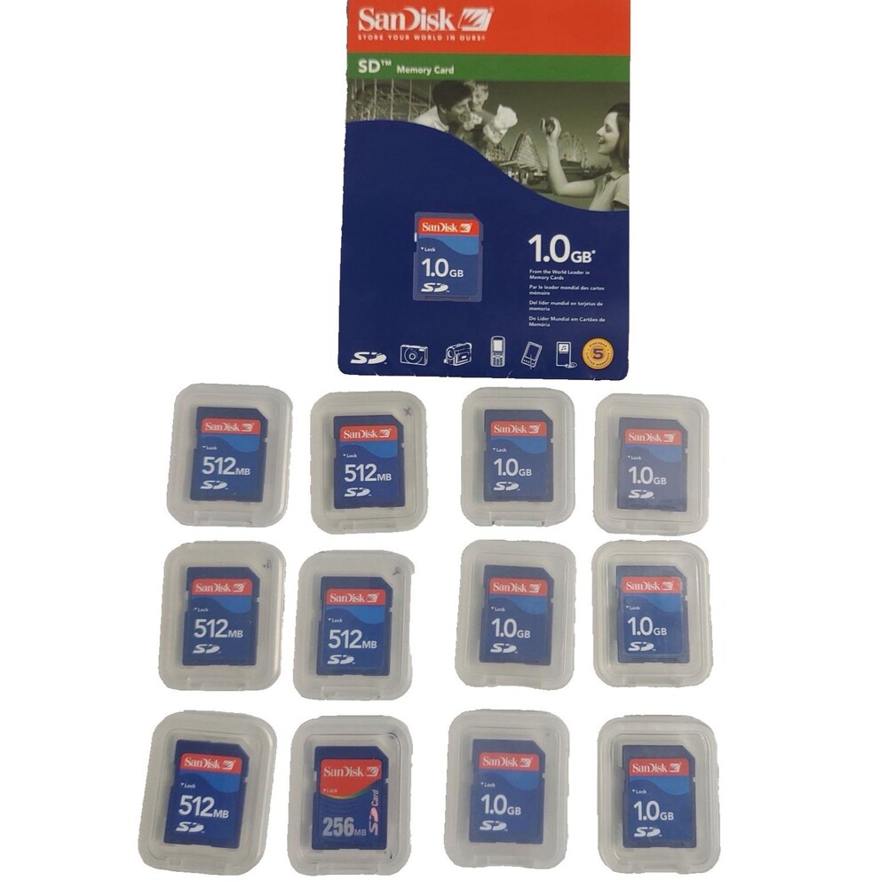 San Disk SD Memory Cards 1.0 GB 256 MB 512 MB Lot of 12 with Cases